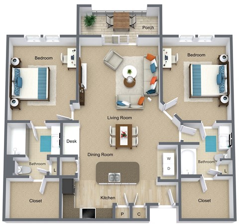 Floor plan for 2 beds, 2 baths, 1186 sqft